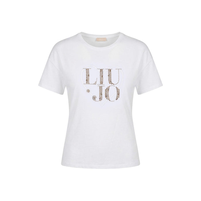 Image 2 : Détail du logo Liu Jo en micro-strass dorés formant un cœur sur t-shirt blanc femme — Delvale