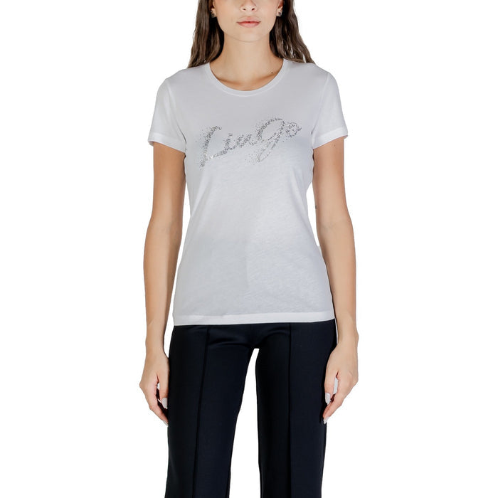 Image 1 : T-shirt Liu Jo femme blanc avec logo script en strass argentés, vue de face portée — Delvale