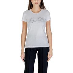 Image 1 : T-shirt Liu Jo femme blanc avec logo script en strass argentés, vue de face portée — Delvale