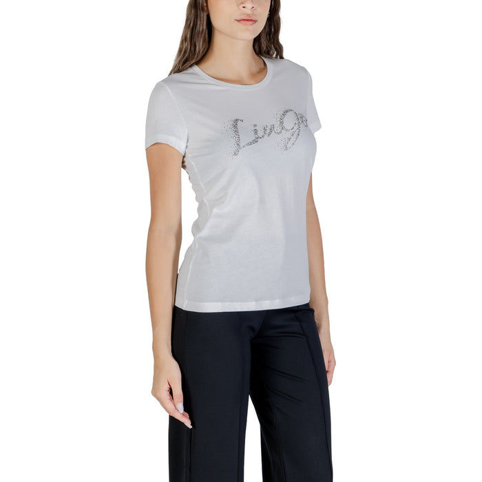 Image 3 : Détail logo strass argenté écriture cursive Liu Jo sur t-shirt blanc femme — Delvale