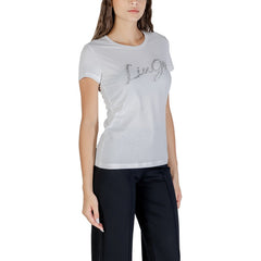 Image 3 : Détail logo strass argenté écriture cursive Liu Jo sur t-shirt blanc femme — Delvale