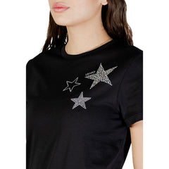 Image 2 : Vue de face du t-shirt Liu Jo femme noir avec motif trio d'étoiles en strass, coupe ajustée col rond — Delvale