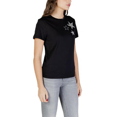 Image 3 : Détail des étoiles en strass argentés et logo Liu Jo brodé sur le t-shirt noir femme — Delvale