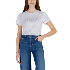 Image 4 : Look casual femme avec t-shirt Liu Jo noir étoiles strass et jean gris clair, style italien élégant — Delvale