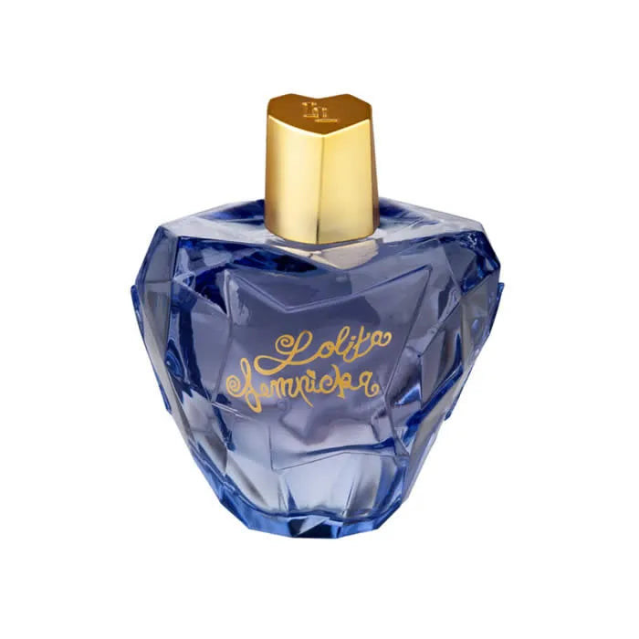 Image 1 : Flacon pomme facettée bleu nuit Mon Premier Parfum Lolita Lempicka avec bouchon doré sur fond blanc — Delvale