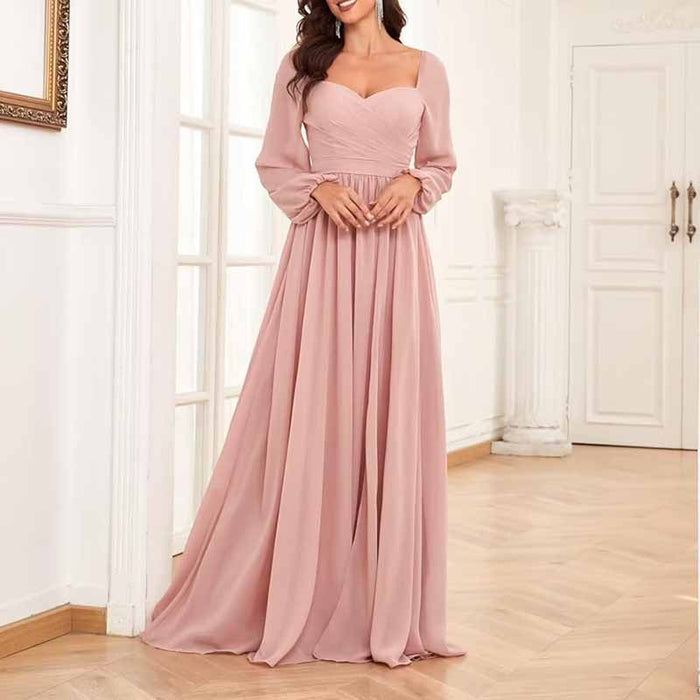 Long Sleeve Bridesmaid Dresses Long Pleated Chiffon Formal Evening Dresses with Slit