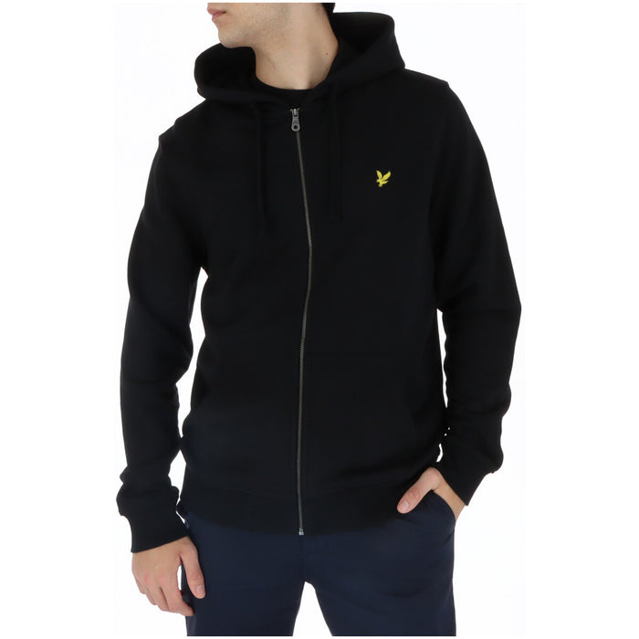 Image 1 : Sweat zippé à capuche Lyle & Scott noir homme avec aigle brodé or, vue de face — Delvale