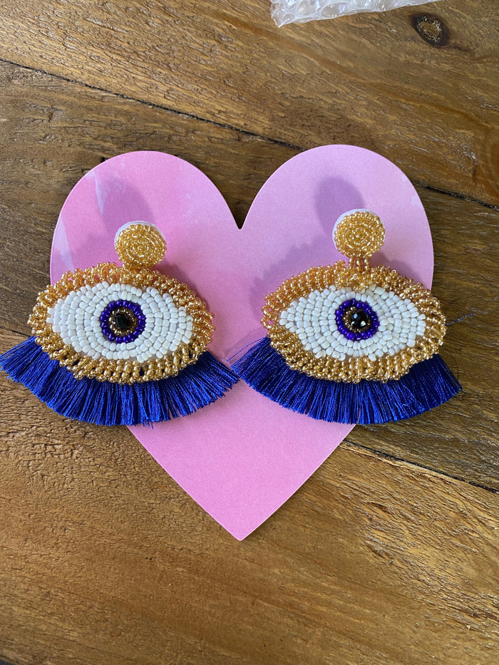 Mal Ojo Blue and Gold Beaded Earrings