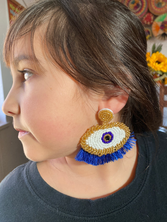 Mal Ojo Blue and Gold Beaded Earrings