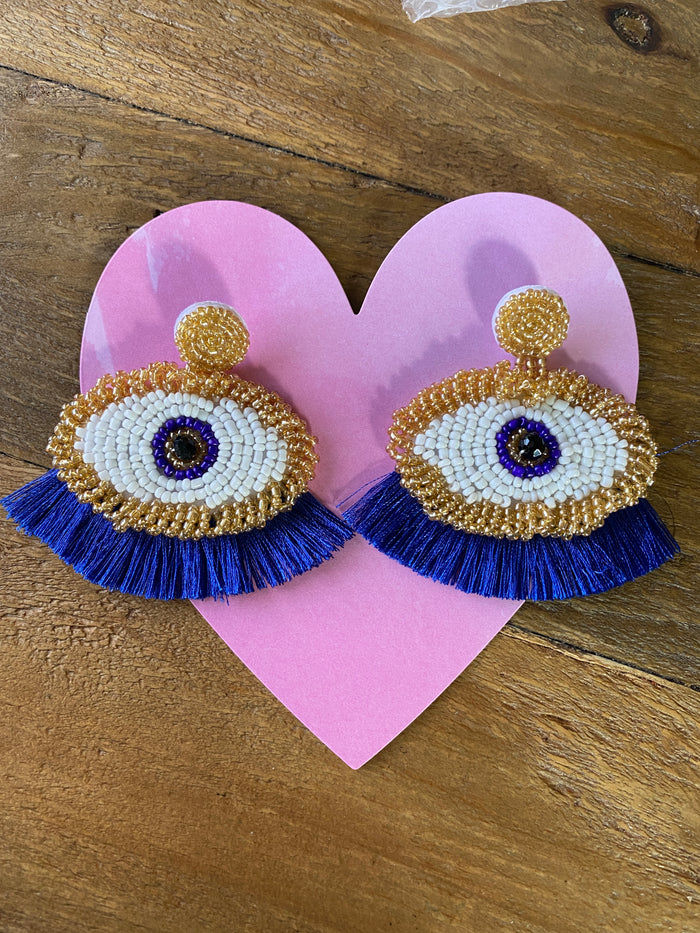Mal Ojo Blue and Gold Beaded Earrings