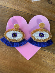 Mal Ojo Blue and Gold Beaded Earrings