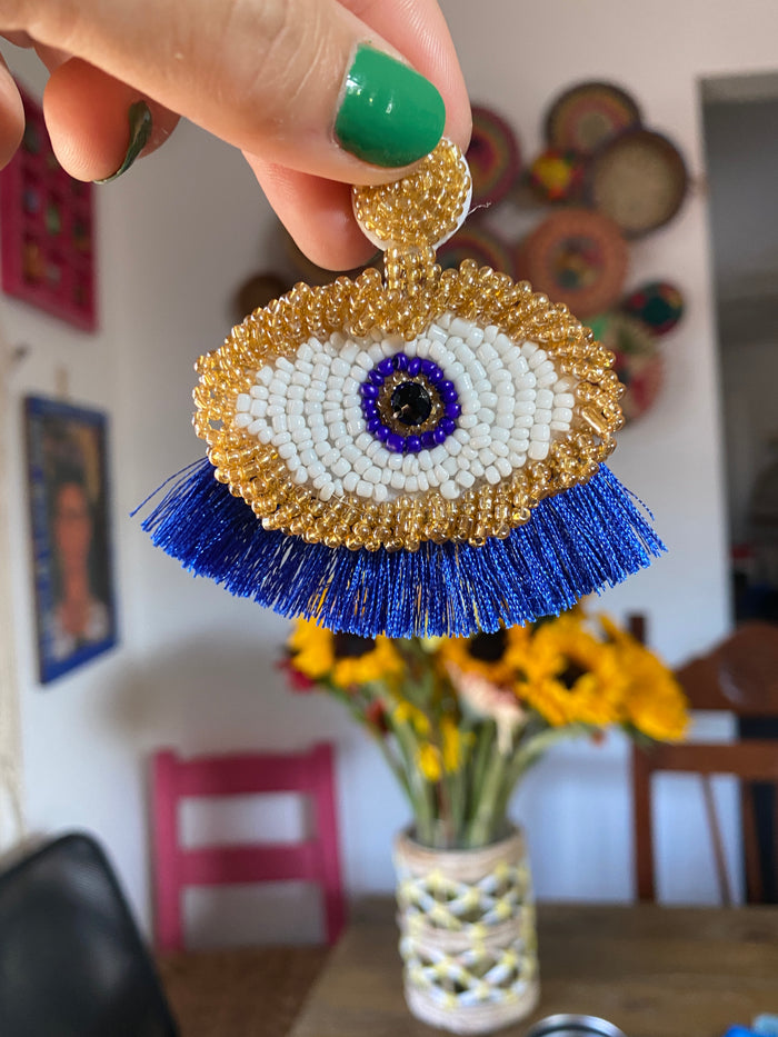 Mal Ojo Blue and Gold Beaded Earrings