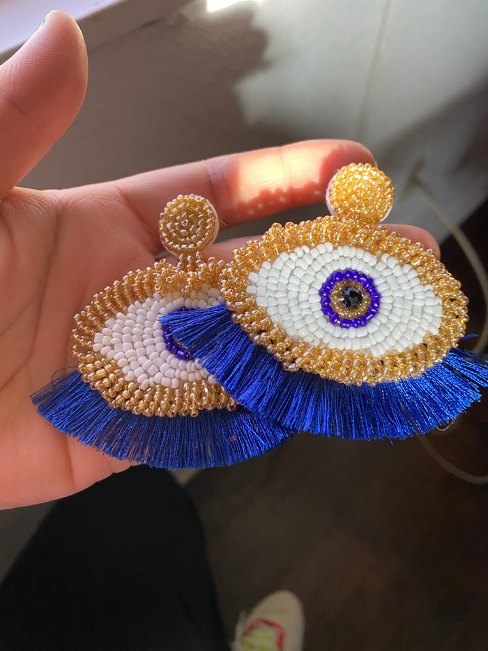 Mal Ojo Blue and Gold Beaded Earrings