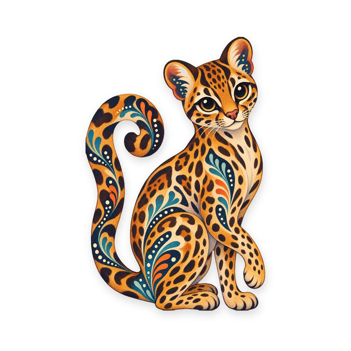 Margay folk art ornament O354 on white, laser-cut maple wood, made in USA