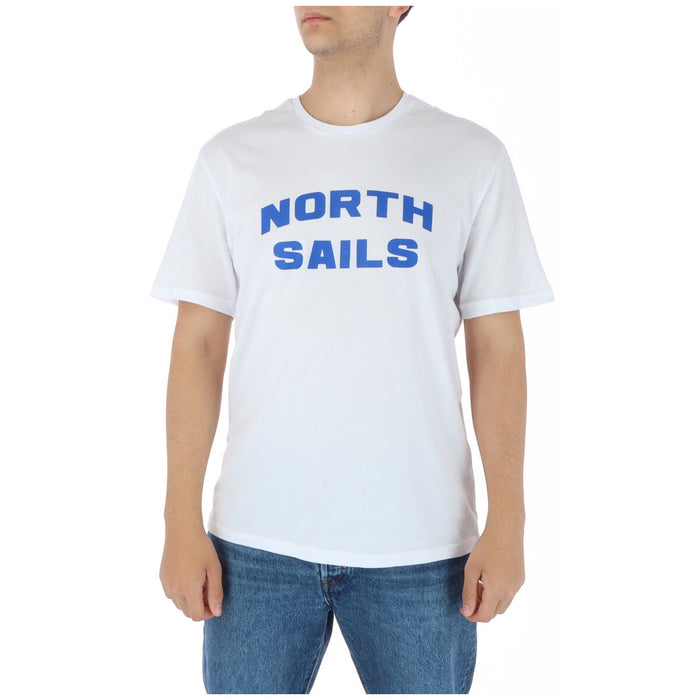 Image 1 : T-shirt North Sails homme blanc à manches courtes avec grand logo bleu imprimé sur la poitrine, porté avec un jean — Delvale