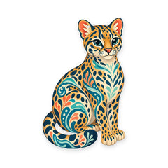 Ocelot folk art ornament O353 on white, laser-cut maple wood, made in USA