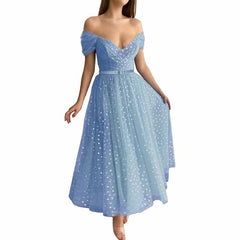 Off Shoulder Tulle Homecomng Dress Tea Length Formal Dress Party Gowns with Belt