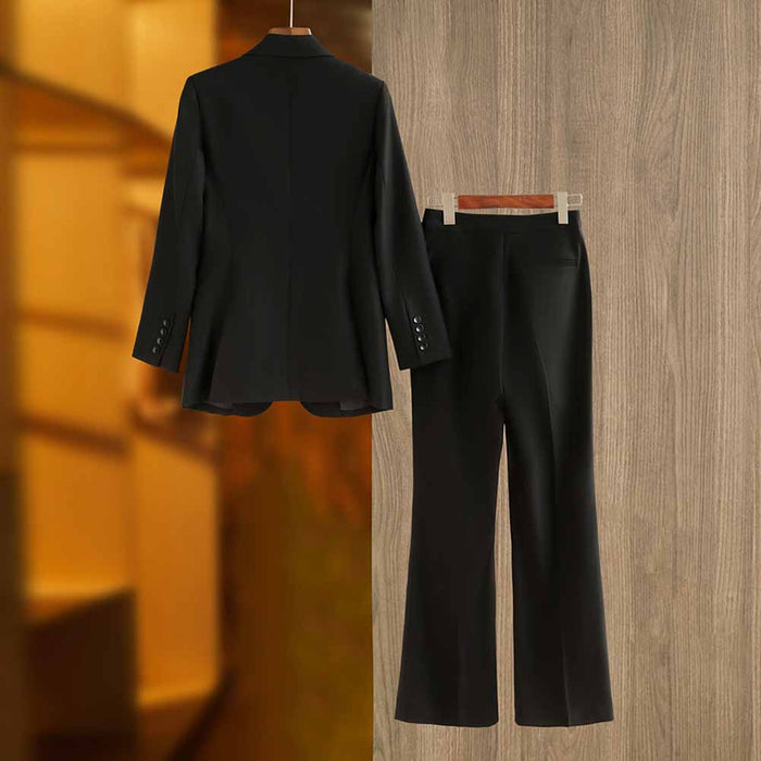 One Button Black Pantsuit Fitted Blazer + Mid-High Rise Trousers Pantsuit Suit Formal Wear