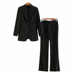 One Button Black Pantsuit Fitted Blazer + Mid-High Rise Trousers Pantsuit Suit Formal Wear