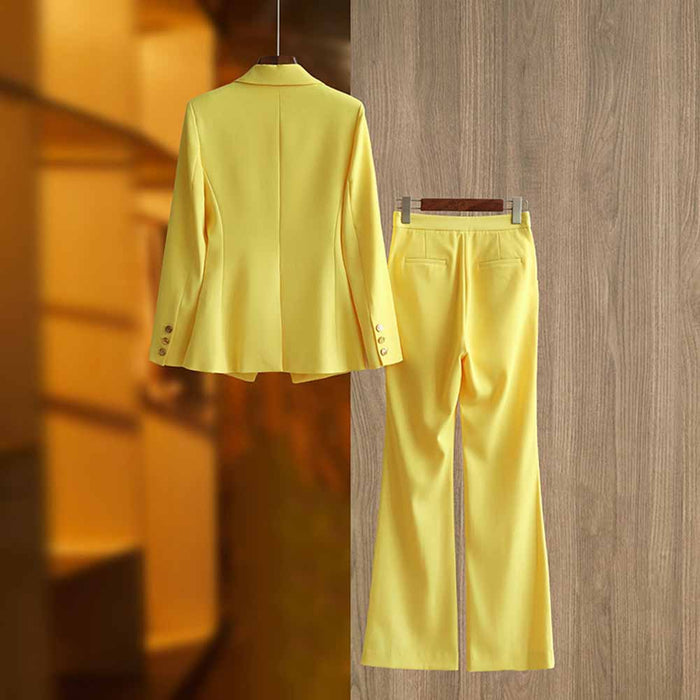 One Button Yellow Pantsuit Fitted Blazer + Mid-High Rise Trousers Pantsuit Suit Formal Wear