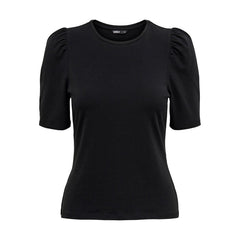 Image 1 : T-shirt femme Only noir manches courtes bouffantes col rond, vue de face sur fond blanc — Delvale