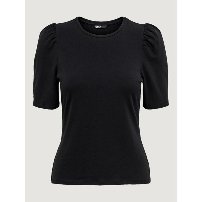 Image 4 : Etiquette Only visible au col du t-shirt femme noir manches bouffantes — Delvale
