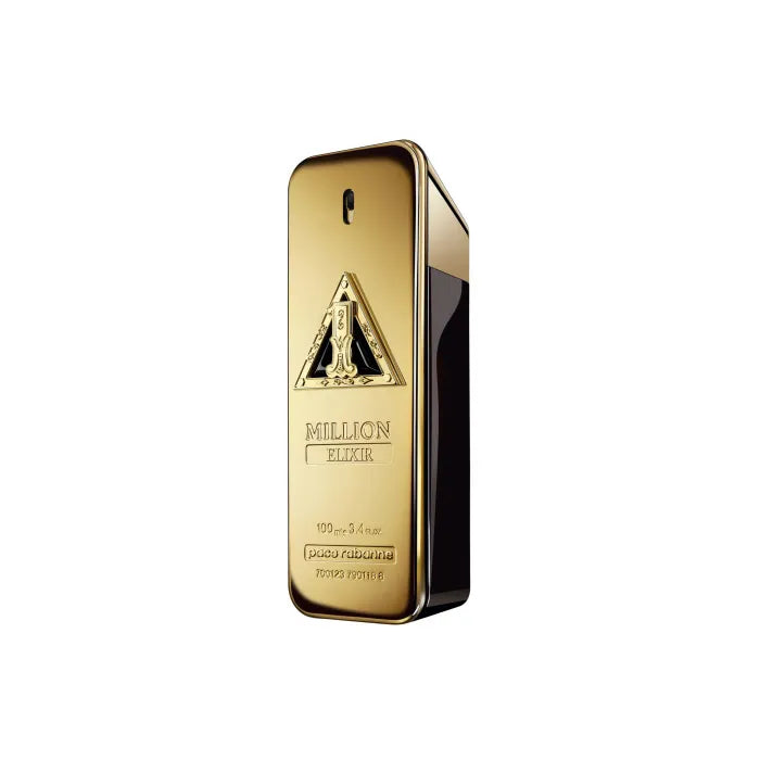 Flacon Paco Rabanne 1 Million Elixir EDP Intense Homme inscription Million Elixir gravée emblème triangle noir et or, vue trois quarts rapprochée