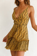 Mojito Cami Strap Accordion Pleat Hem Dress Dot Print Mustard/Black