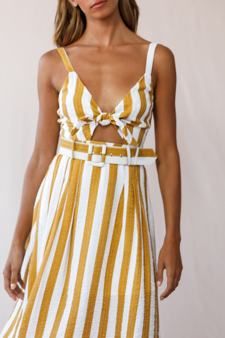 Crystal Tied Knot Belt Midi Dress Mustard