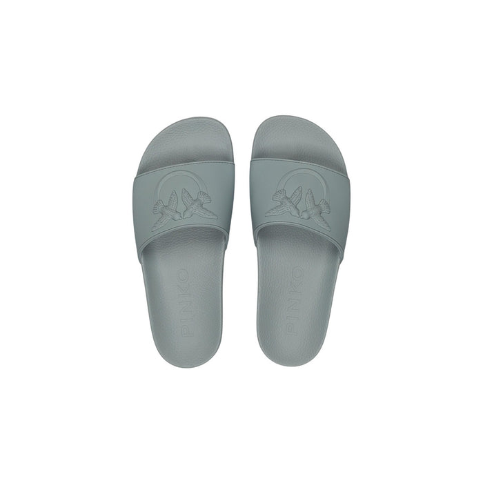 Image 1 : Paire de mules Pinko en PVC vert sauge, vue de dessus, logo Love Birds embossé sur le bandeau — Delvale