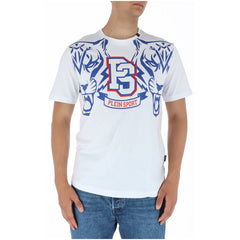 Image 1 : T-shirt Plein Sport homme blanc avec imprimé graphic tigers bleu et logo PS college rouge, porté de face — Delvale