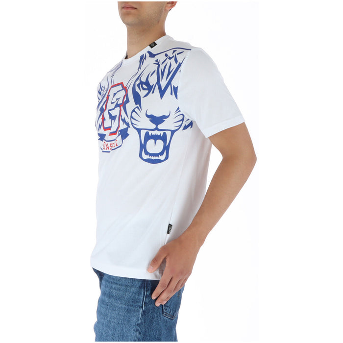 Image 3 : Vue d'ensemble du t-shirt Plein Sport homme blanc graphic tigers, coupe regular, porté avec jean brut — Delvale