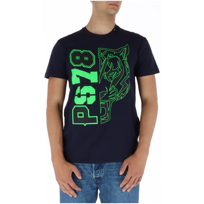 Image 1 : T-shirt Plein Sport homme bleu marine avec imprimé tigre et logo PS78 vert fluo, porté sur mannequin masculin — Delvale
