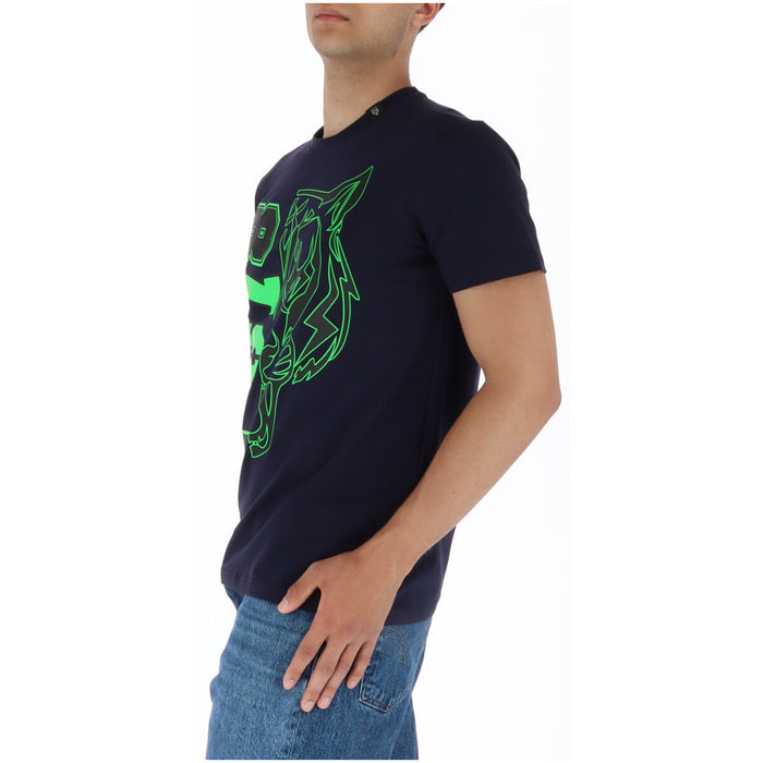 Image 3 : Détail du print tigre vert fluo et du lettrage PS78 sur t-shirt Plein Sport homme bleu marine — Delvale