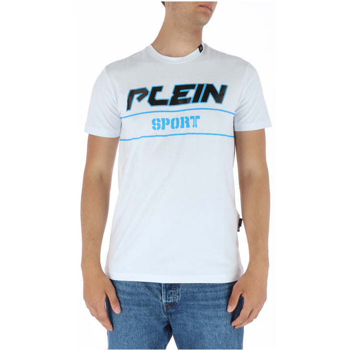Image 1 : T-shirt Plein Sport homme blanc avec logo graphique noir et bleu électrique imprimé sur la poitrine, porté avec un jean denim, fond blanc — Delvale