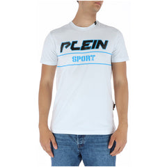 Image 1 : T-shirt Plein Sport homme blanc avec logo graphique noir et bleu électrique imprimé sur la poitrine, porté avec un jean denim, fond blanc — Delvale