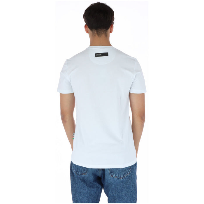 Image 2 : Vue de face t-shirt Plein Sport homme blanc col rond manches courtes, inscription PLEIN SPORT en lettrage contrasté noir et bleu — Delvale