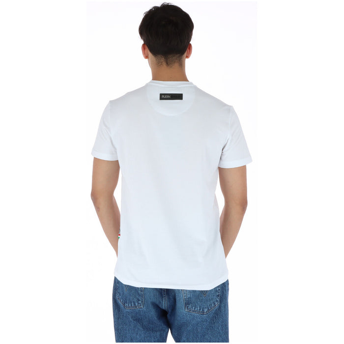 Image 2 : Détail du logo Plein Sport en lettrage texturé noir et rouge sur t-shirt blanc homme — Delvale