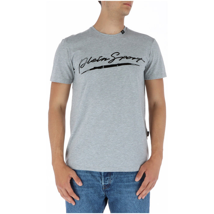 Image 1 : T-shirt Plein Sport homme gris chiné à logo signature noir en relief, vue de face portée — Delvale