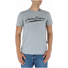 Image 1 : T-shirt Plein Sport homme gris chiné à logo signature noir en relief, vue de face portée — Delvale