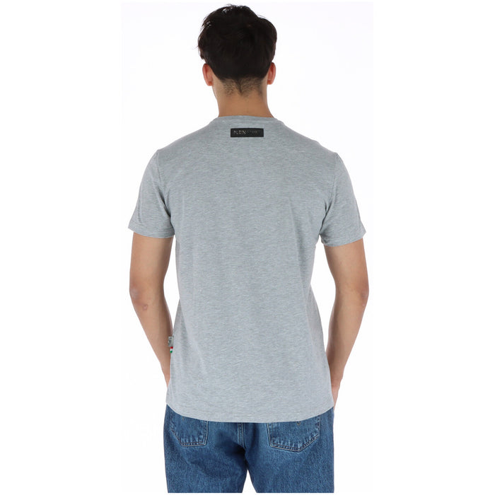 Image 2 : Détail du logo Plein Sport en écriture cursive noire contrasté sur t-shirt gris chiné — Delvale