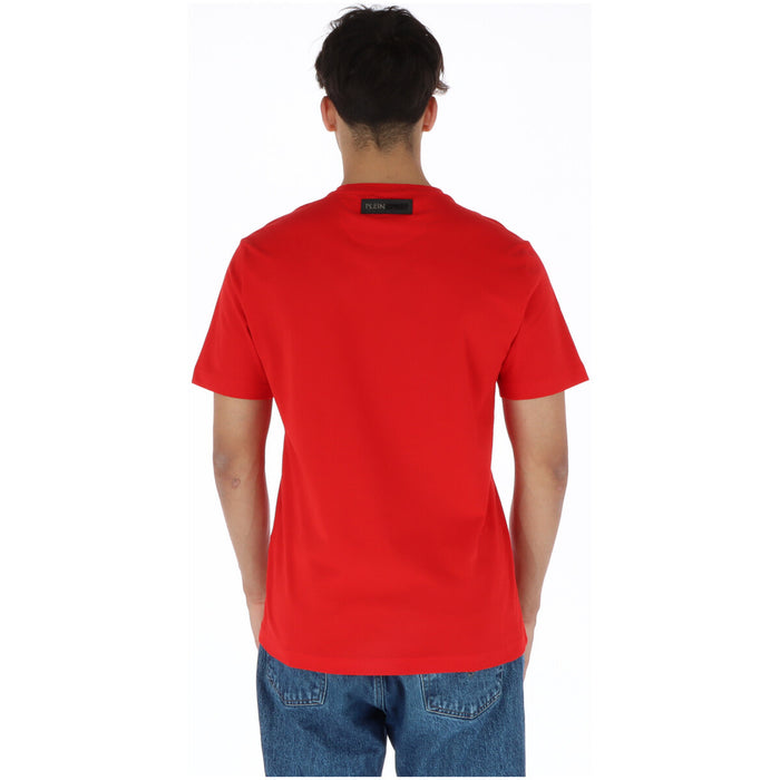 Image 2 : Vue de face du t-shirt Plein Sport rouge homme, encolure ronde et print tigre signature Plein Sport en gros plan — Delvale