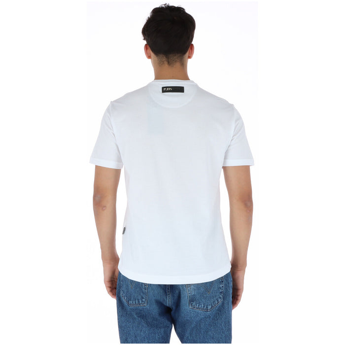 Image 2 : Vue de face du t-shirt Plein Sport blanc à col rond, manches courtes, avec motif tigre stylisé en bleu — Delvale
