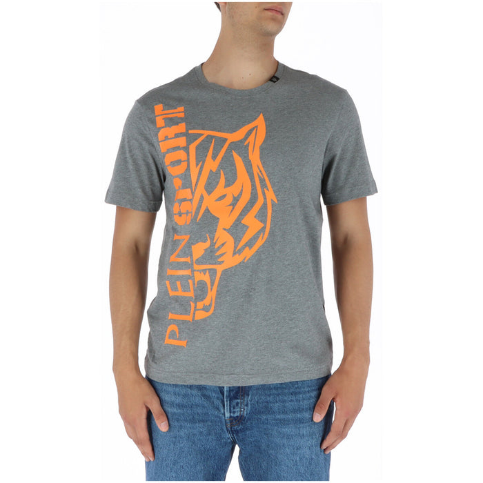 Image 1 : T-shirt Plein Sport homme gris chiné avec imprimé tigre orange et logo vertical sur fond blanc — Delvale