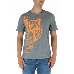 Image 1 : T-shirt Plein Sport homme gris chiné avec imprimé tigre orange et logo vertical sur fond blanc — Delvale