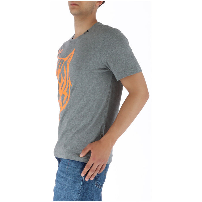 Image 3 : Détail de l'imprimé tigre graphique orange et du logo Plein Sport sur t-shirt gris chiné homme — Delvale