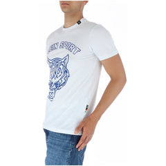 Image 3 : Détail du motif tigre géométrique bleu marine et du logo Plein Sport sur t-shirt homme blanc — Delvale