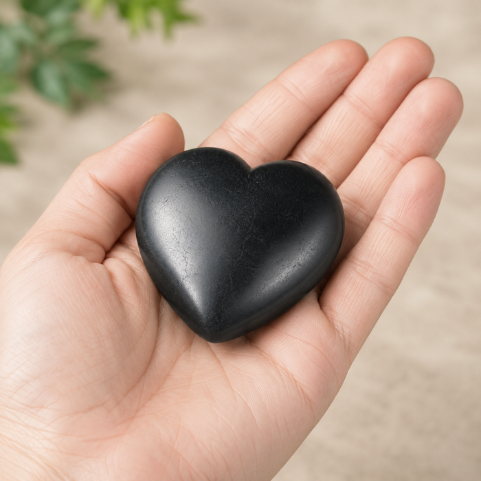 Polished Black Shungite Heart Crystal, Puffy Mini 2 Inch Pocket Crystal Heart