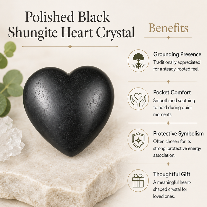 Polished Black Shungite Heart Crystal, Puffy Mini 2 Inch Pocket Crystal Heart