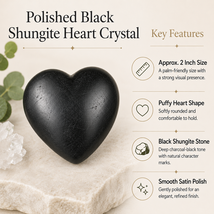 Polished Black Shungite Heart Crystal, Puffy Mini 2 Inch Pocket Crystal Heart
